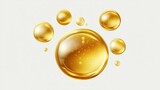 Golden Oil Drops Shiny with HoneyLike Liquid Spheres on White.