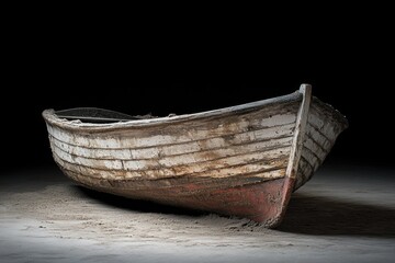  An old, weathered wooden rowboat sits grounded on sandy shores with a dramatic transparent background emphasizing its texture and form.