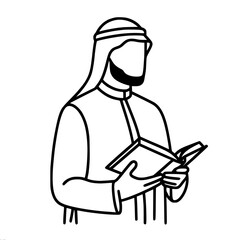 Poster - Man in traditional arabic clothes reading a book in simple vector style, vector outline of one line