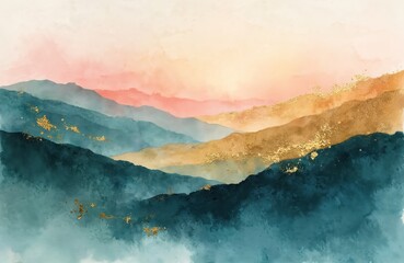 Poster - Abstract watercolor landscape painting. Gold teal and pink colors. Modern illustration with scenic mountains. Artistic design for background. Luxury minimalist art.