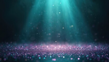 Aufkleber - Illuminated teal, purple glitter sparkles on dark background. Light rays, bokeh. Abstract design with dust particles, magical, mystical, fantasy, cosmic, energy. Vibrant colors glow, shimmer, shine.