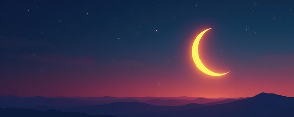 A slender crescent moon, glowing gold against a deep twilight sky , cosmos, black