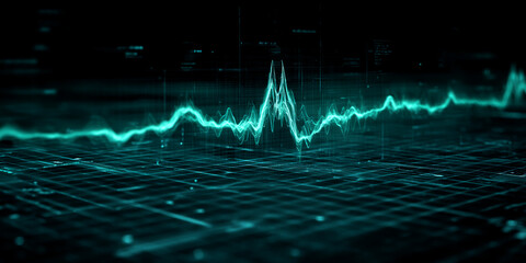 Poster - Abstract teal waveform on grid background, digital data visualization, representing technological innovation, progress, and dynamic growth