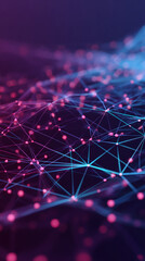 Poster - Abstract image of interconnected nodes and lines in pink and blue hues, creating a network visualization, symbolizing connection, technology, or data flow