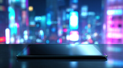 Poster - Tablet on dark surface against blurred city lights background, showcasing a blank screen ideal for advertisement or text placement Mockup