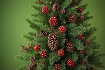 a festive christmas tree adorned with a pine cone and berries atop a green backdrop , christmas tree