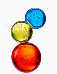 Leinwandbilder - Stack of three transparent colorful glass spheres with bubbles on white background. Abstract design element.