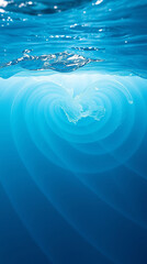 Poster - Underwater view of clear blue ocean water with sun rays creating concentric circles. Ocean surface with water movement and light refraction patterns.