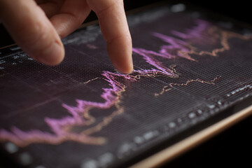 Poster - Close-up of finger interacting with a tablet screen displaying a pink and beige stock market graph, symbolizing financial analysis, market trends, and technological interaction