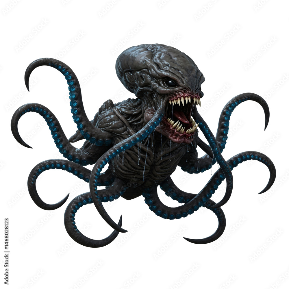 Tentacled alien creature with sharp teeth and multiple limbs の Stock ...