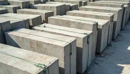 Poster - Precast concrete blocks stored at construction site. Elements bound with ropes. Grey rectangular forms stacked in rows ready for building. Cement materials. Industrial engineering design. Stone