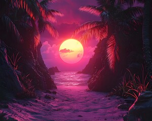 Wall Mural - tropical neon paradise with glowing palm trees and a vibrant sunset