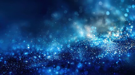 Poster - Glowing blue particles swirling in dynamic wave pattern, generating magical luminescent backdrop with soft bokeh lighting, representing ethereal digital fantasy landscape