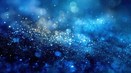 Poster - Blue bokeh background with sparkling particles generating festive mood, ideal for holiday celebrations, seasonal events, party backdrops