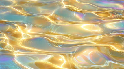 Poster - Golden liquid surface texture with iridescent light reflections creating a mesmerizing and luxurious abstract background, perfect for high end design projects