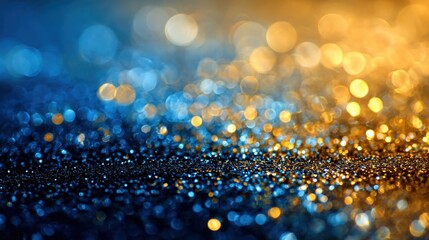 Poster - Sparkling blue and golden bokeh illuminating glistening surface, generating festive glamorous atmosphere for celebratory event or holiday backdrop