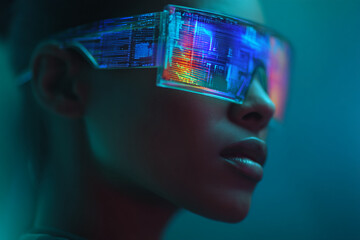 Poster - Close-up of a woman wearing futuristic glasses displaying colorful data, set against a teal background, showcasing technology and innovation in a modern aesthetic