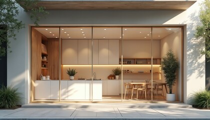 Aufkleber - Modern minimalist storefront with large glass windows. Exterior shop design with clean lines, warm lighting, natural wood accents. Interior displays, shelves, counter space. Daytime, bright light,