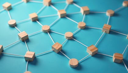 Poster - Wooden blocks connected by lines on blue background. Concept building relationships, teamwork, business network. Illustration represents communication, connections, partnership, social interaction,