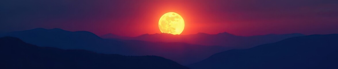 Wall Mural - Full moon rising over dark, silhouetted mountains , outer space, peak
