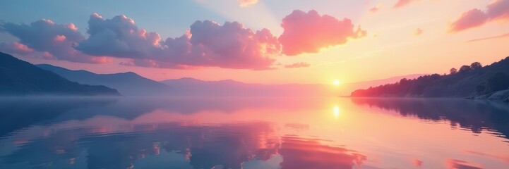 Wall Mural - Serene pastel sunset mirrored on a glassy lake surface, colors, vibrant, water