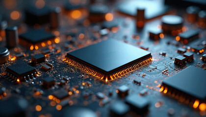 Aufkleber - Close-up photo of printed circuit board with chip surrounded by integrated circuits, components. Tech background, microchips, high-tech processor detail. Digital technology, data processing, computer