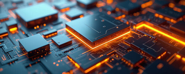 Leinwandbilder - Modern tech background. Abstract design of computer chips and processors, illuminated with orange neon lights. Digital technology, data processing, high-tech innovation concept.