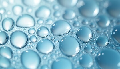 Poster - Macro photo of water drops. Small water bubbles on surface with reflections. Clear liquid, condensation on glass. Refreshing clean, transparent concept. Cosmetic skincare background.