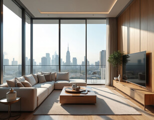 Aufkleber - Modern duplex apartment interior. Panoramic view from large windows to cityscape with skyscrapers. Cozy living room features comfortable beige sofa, wooden coffee table. Contemporary interior design,