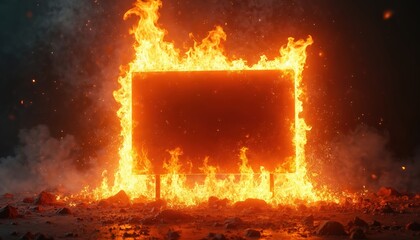 Poster - Blank sign engulfed intense flames sparks on dark background. Inferno fire represents burning destruction, hazard warning. Combustion power energy concept.