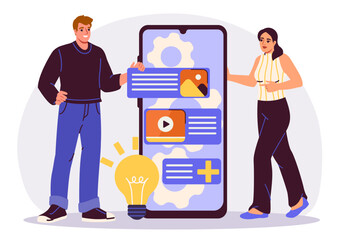 Poster - Two people standing beside a large smartphone displaying app interface elements like text, image, and video icons, on a light background. Concept of app development. Vector illustration