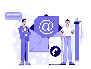 Poster - Two men standing near email envelope, phone icon, and pen, in flat graphic style on white background. Concept of digital communication and business contact. Vector illustration