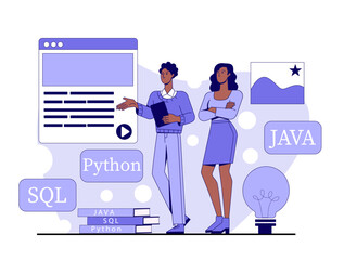 Poster - Two people discussing programming languages like Python, Java, and SQL with icons and books around, flat style on a white background. Concept of coding education. Vector illustration