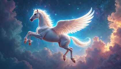 Poster - Fantasy illustration features Pegasus horse flying through night sky with stars clouds. Majestic creature white feathers, flowing mane, freedom. Celestial art for fairy tale, epic design.