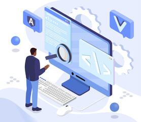 Poster - Software developer standing in front of large computer screen displaying code with magnifying glass, gear icons in flat style. Concept of coding, software development. Vector illustration