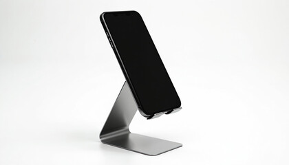 Poster - Modern black smartphone on minimal silver metal stand. Mobile phone device angled right. Presentation template on white background. Tech gadget for business home use. Minimal design for website app.