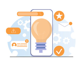 Poster - Smartphone screen with lightbulb symbol, surrounded by icons like search, message, and alert on abstract blue background. Concept of innovation and ideas. Vector illustration
