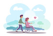 © 100% HAND-CRAFTED - A person is pushing a woman in a wheelchair through a park, both smiling under a blue sky with clouds and trees in the background. Concept of care. Vector illustration