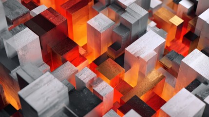 Poster - Abstract rendering of red and white cubes creating a cityscape structure. Conceptual art representing data visualization and technology background for presentations.