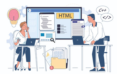 Fototapete - Developers collaborating on HTML coding at desks with laptops, digital screens showing code, interface elements. Concept of teamwork in web development. Flat cartoon vector illustration
