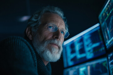 Poster - Close-up of senior man with glasses, gray hair and beard, looking intently at computer screens, suggesting focus, concentration, and late-night work