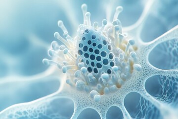 Wall Mural - Microscopic view of a complex, porous, bioluminescent structure with intricate detailing.