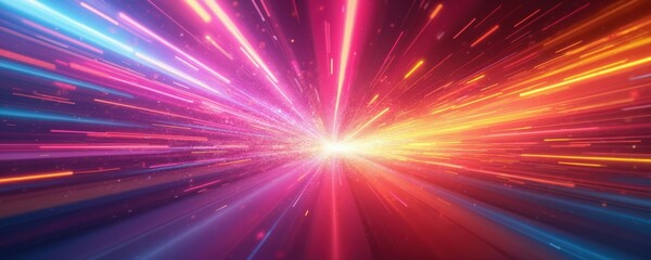 Poster - Vibrant illustration features colourful abstract background with motion blur. Light streaks, shining rays create dynamic design. Bright colors, motion effect, speed lines, energy, technology, modern