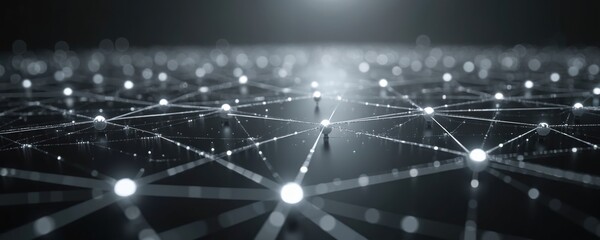 Poster - Futuristic digital network with white plexus lines on dark background. Modern tech illustration, ideal for digital infrastructure, internet, cyberspace, data transfer concepts. Abstract design, 3d