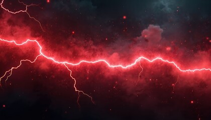 Poster - Red lightning strike visual illustration on black background. Electric power energy effect, flash lightening explosion. Neon thunderstorm. Thunder strike bolt flash for games, posters or design.