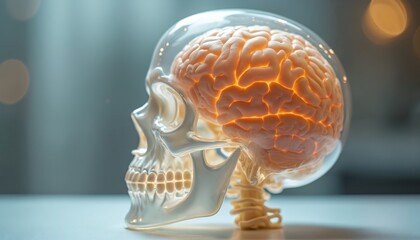 Poster - Anatomical model of human skull with brain. Scientific display. Realistic model for medical study, biology education. Neuroscience concept illustration. Detailed head skeleton.