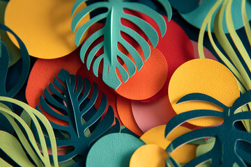 Poster - Colorful paper leaves and circles create a vibrant tropical texture, showcasing a summery and playful design ideal for branding or decoration