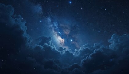 Poster - Illustration depicts deep blue space with scattered stars and nebulas. Celestial bodies in dark atmosphere, clouds. Amazing cosmic view, night sky, universe, cosmos. Milky way galaxy in the night.