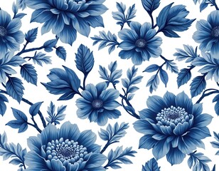 Poster - Seamless floral pattern design. Blue flowers, leaves on white background. Repeating print for textiles. Artistic watercolor hand-drawn style. Decor, wallpaper, wrapping. Fashion, textile, fabric