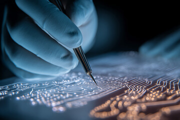 Poster - Close-up of gloved hand using precision tool on circuit board, showcasing intricate detail and precision technology, symbolizing innovation and advanced electronics